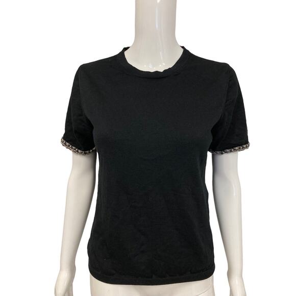 SALVATORE FERRAGAMO Black Wool Silk Gancini Trim Crewneck Short Sleeve Sweater L - Picture 1 of 7